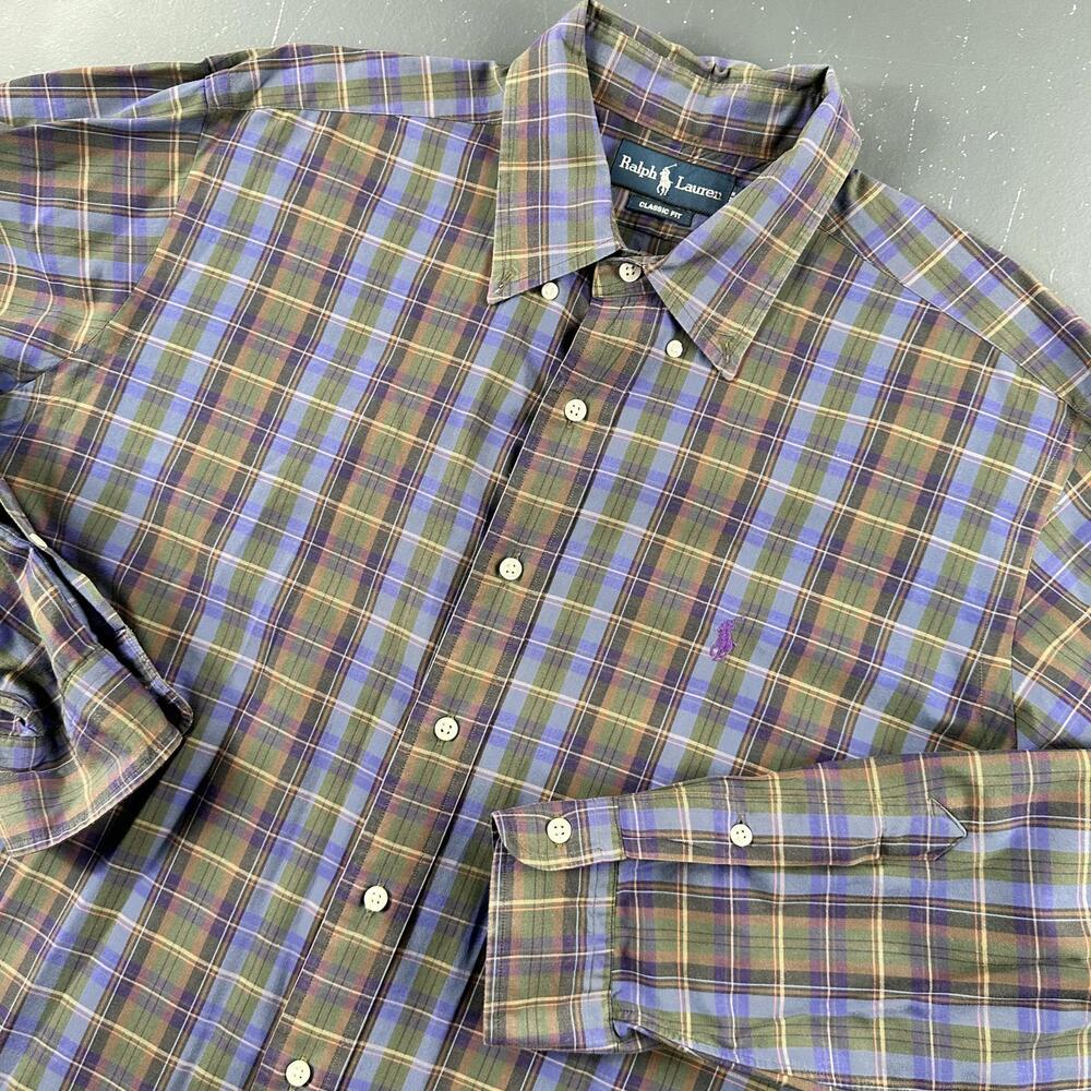 Ralph Lauren Shirt Men XL Blue Purple Olive Green Tartan Plaid Twill Dress EUC